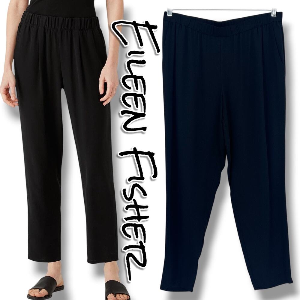 Eileen Fisher Silk Georgette Crepe Pleated Tapered Pants M Black Lagenlook Luxe